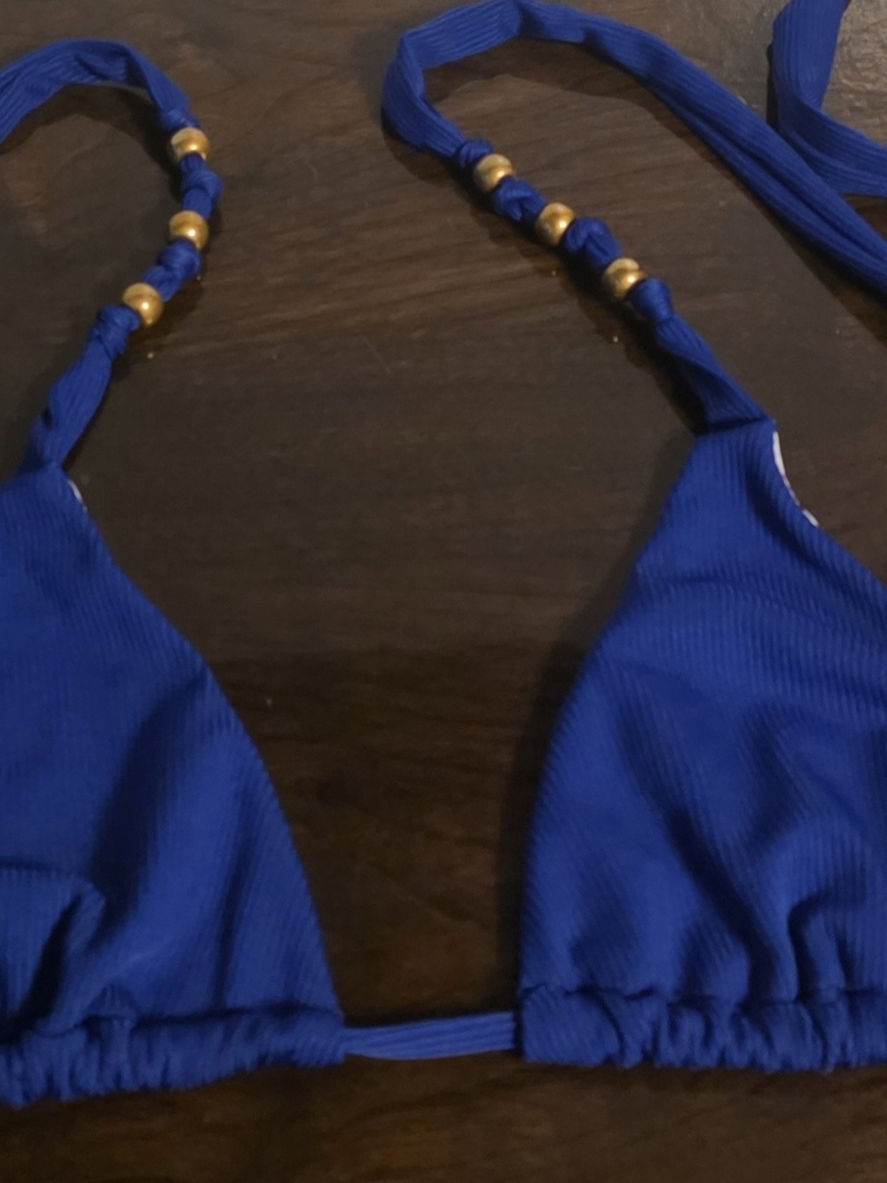 Women's Small Bikini Top - Blue with Gold Bead Detail